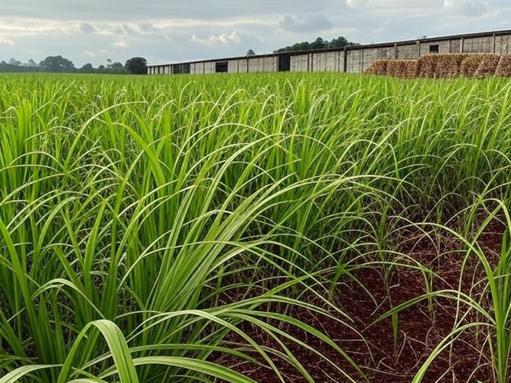 Campos de cana-de-açúcar e sacos de açúcar cristal em plantação no interior de São Paulo, representando queda no preço do açúcar.