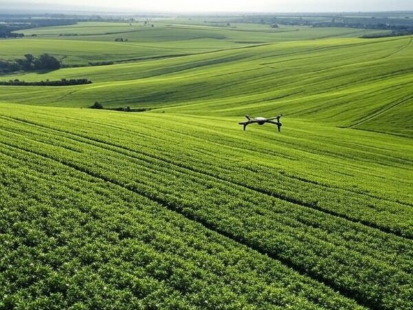 Campos de soja no Brasil monitorados por drone com IA para agricultura automatizada.