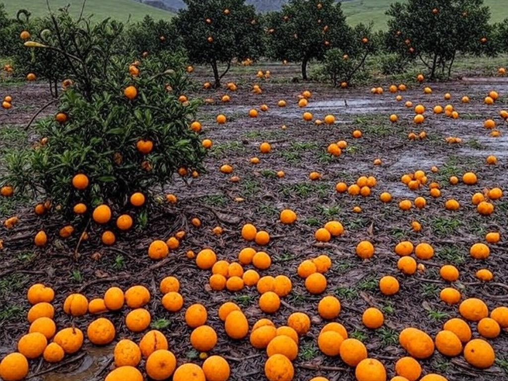 Pomar de citros em São Paulo danificado por chuvas intensas, com frutas caídas e solo molhado.
