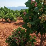 Plantação de pistache no semiárido brasileiro, com árvores carregadas de nozes, destacando alta rentabilidade no agronegócio global.
