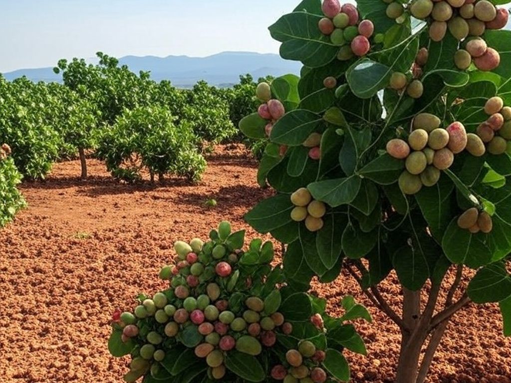 Plantação de pistache no semiárido brasileiro, com árvores carregadas de nozes, destacando alta rentabilidade no agronegócio global.