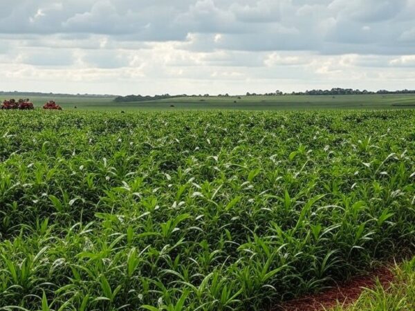 Plantação de soja no Brasil representando queda de 11% no crédito rural sustentável na safra 2024/25, segundo estudo.