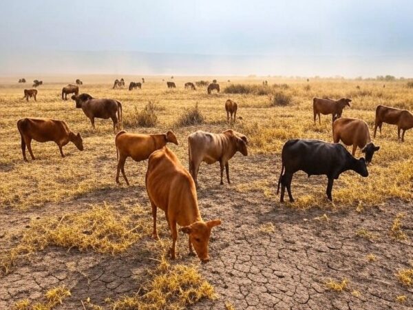 Paisagem seca no Nordeste brasileiro com rebanho bovino afetado pela seca, ilustrando declínio na pecuária devido a condições climáticas adversas.