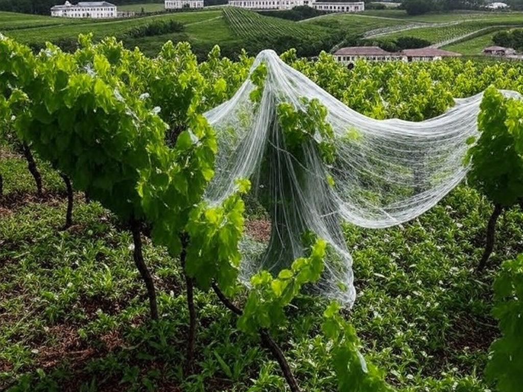 Vinhedos na Serra Gaúcha com redes antigranizo para proteção contra granizo, no Rio Grande do Sul, Brasil.