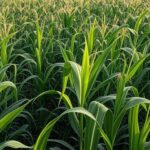 Plantação de milho no Brasil com silos de armazenamento, ilustrando estoques elevados e indicador de preço em queda.