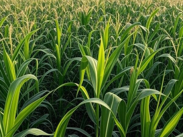 Plantação de milho no Brasil com silos de armazenamento, ilustrando estoques elevados e indicador de preço em queda.