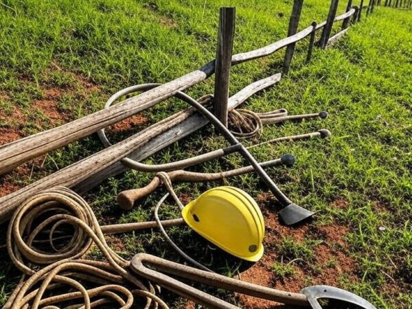Paisagem rural brasileira com capacete de segurança e ferramentas agrícolas, ilustrando boato desmentido sobre obrigatoriedade para peões.