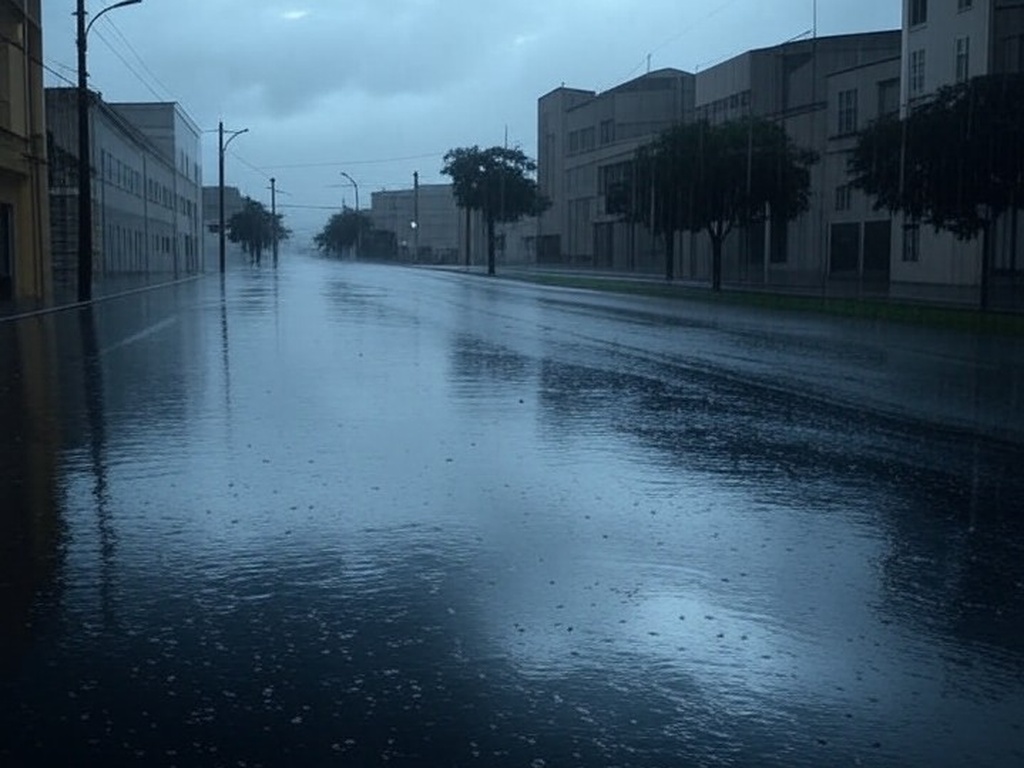 Paisagem urbana no Brasil com ruas inundadas por chuvas intensas de até 150 mm devido à La Niña, alerta do Inmet.