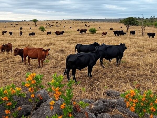 Fazenda de pecuária no Brasil com poucos gados em pastagem seca, ilustrando escassez e alta de preços em 2026.