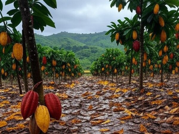 Plantação de cacau na Bahia com elementos de protesto contra importações da Costa do Marfim.