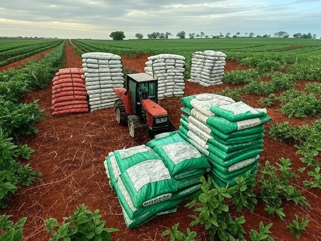 Plantação de soja no Brasil com sacos de fertilizantes, ilustrando alta de preços em 2024.