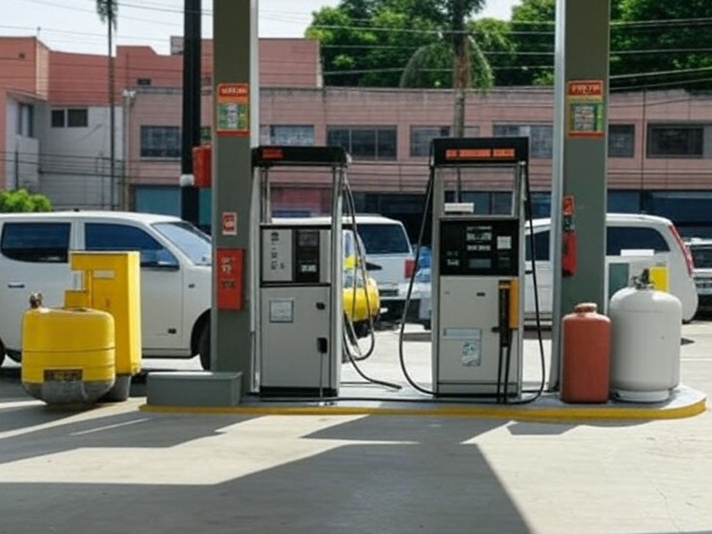 Posto de gasolina no Brasil com veículos oficiais em operação contra fraudes em combustíveis pelo Inmetro e ANP.