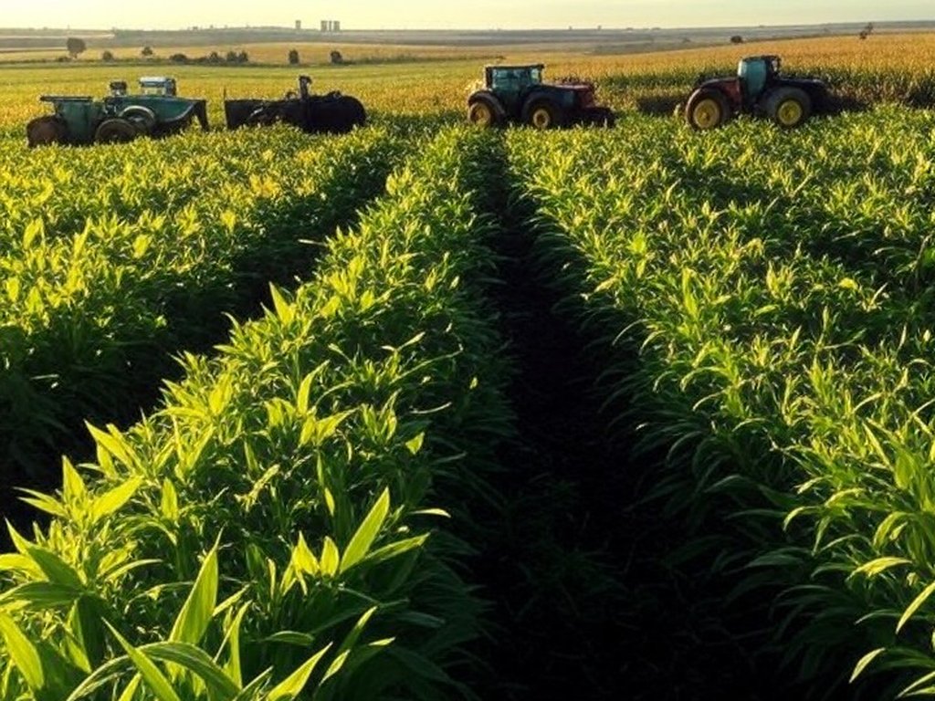 Paisagem rural brasileira com campos agrícolas e edifícios governamentais, representando inconsistências no crédito rural notificadas ao BC e TCU.