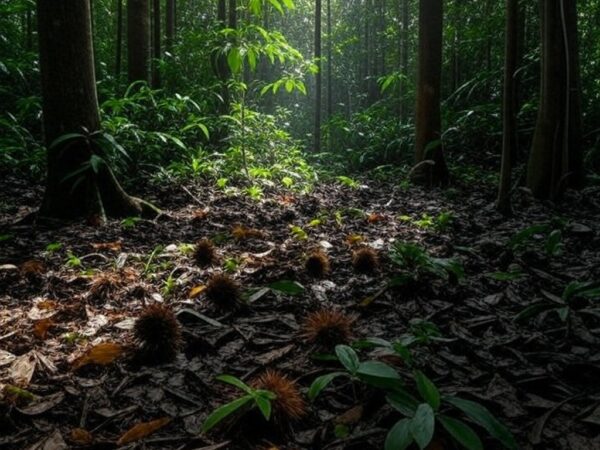 Floresta amazônica no Brasil com árvores de castanheiras e frutos de castanha-do-brasil no solo, representando exportação para a Turquia.
