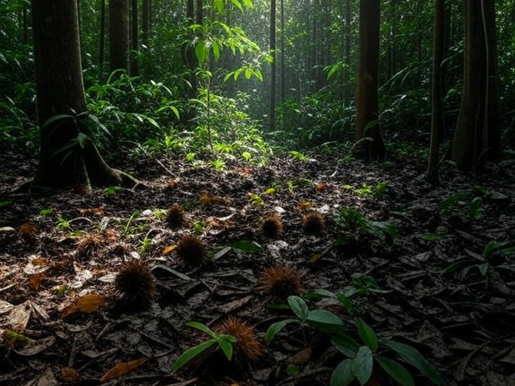 Floresta amazônica no Brasil com árvores de castanheiras e frutos de castanha-do-brasil no solo, representando exportação para a Turquia.