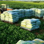 Plantação de soja no Brasil com sacos de fertilizantes, ilustrando crescimento de 7,8% nas entregas em 2025.