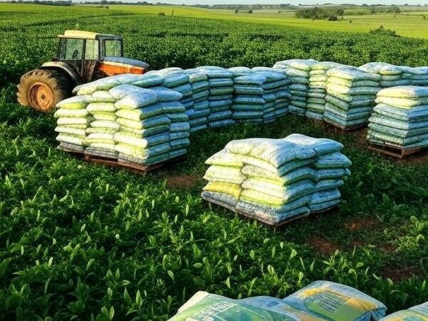 Plantação de soja no Brasil com sacos de fertilizantes, ilustrando crescimento de 7,8% nas entregas em 2025.