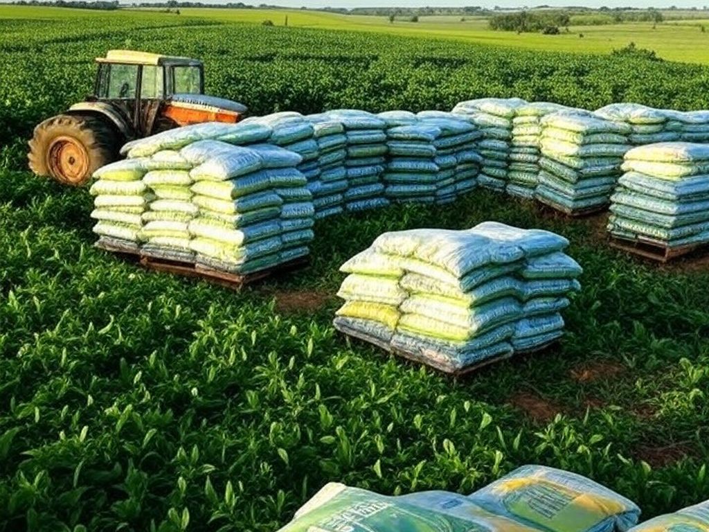 Plantação de soja no Brasil com sacos de fertilizantes, ilustrando crescimento de 7,8% nas entregas em 2025.