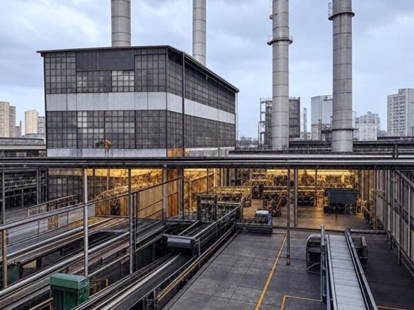 Fábrica industrial no Brasil com máquinas paradas, representando queda de 1,2% na produção em dezembro de 2025, segundo IBGE.