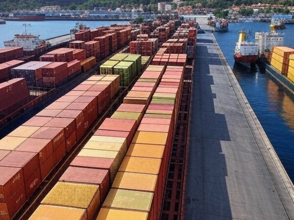 Porto brasileiro com contêineres de exportação de produtos agrícolas para Gulfood 2026, projetando US$ 1,4 bilhão em negócios.