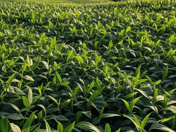 Campos de soja, milho e algodão no Brasil, representando expansão de produtividade agrícola.