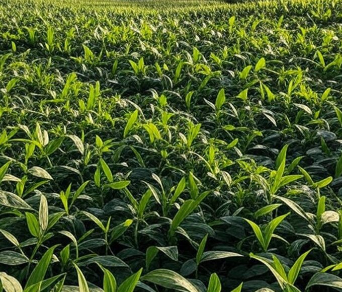 Campos de soja, milho e algodão no Brasil, representando expansão de produtividade agrícola.