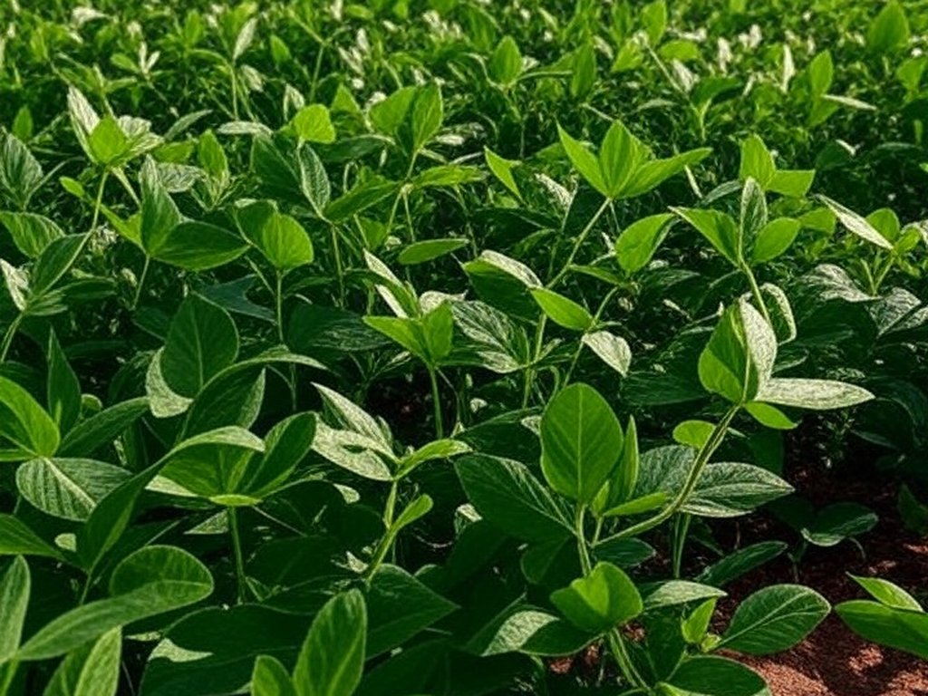 Plantação de soja no Brasil com campos verdes e maduros, representando mercado estável e negócios limitados.