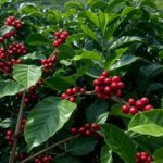 Plantação de café especial em Minas Gerais, Brasil, com cafeeiros carregados de grãos maduros, representando a indústria cafeeira nacional.