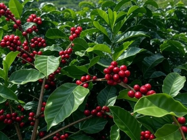 Plantação de café especial em Minas Gerais, Brasil, com cafeeiros carregados de grãos maduros, representando a indústria cafeeira nacional.
