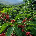 Plantação de café no Brasil com safra elevada por clima favorável, segundo Cepea.