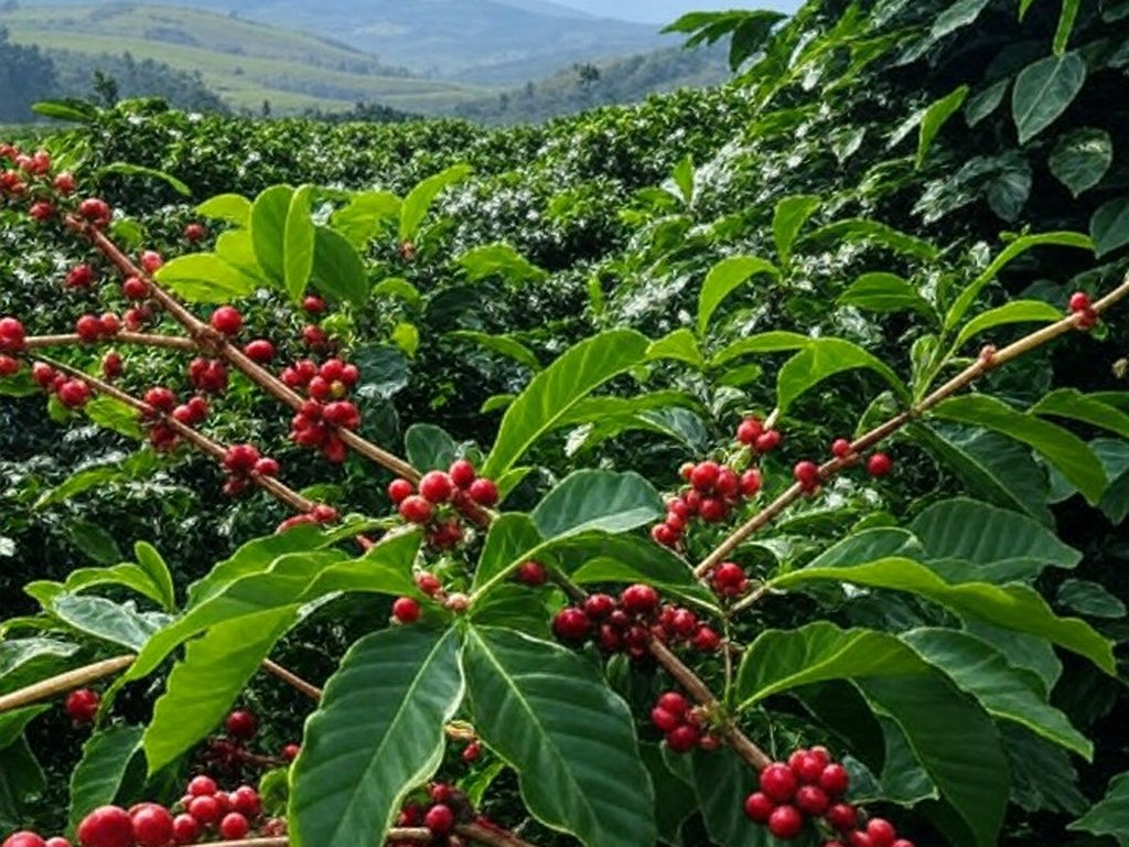 Plantação de café no Brasil com safra elevada por clima favorável, segundo Cepea.