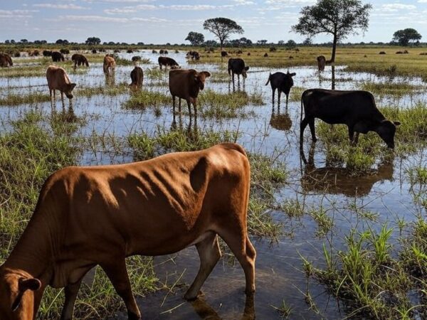 Paisagem do Pantanal com rebanho de gado orgânico pastando, ilustrando crescimento de 12% no abate com incentivos de R$ 24 milhões.