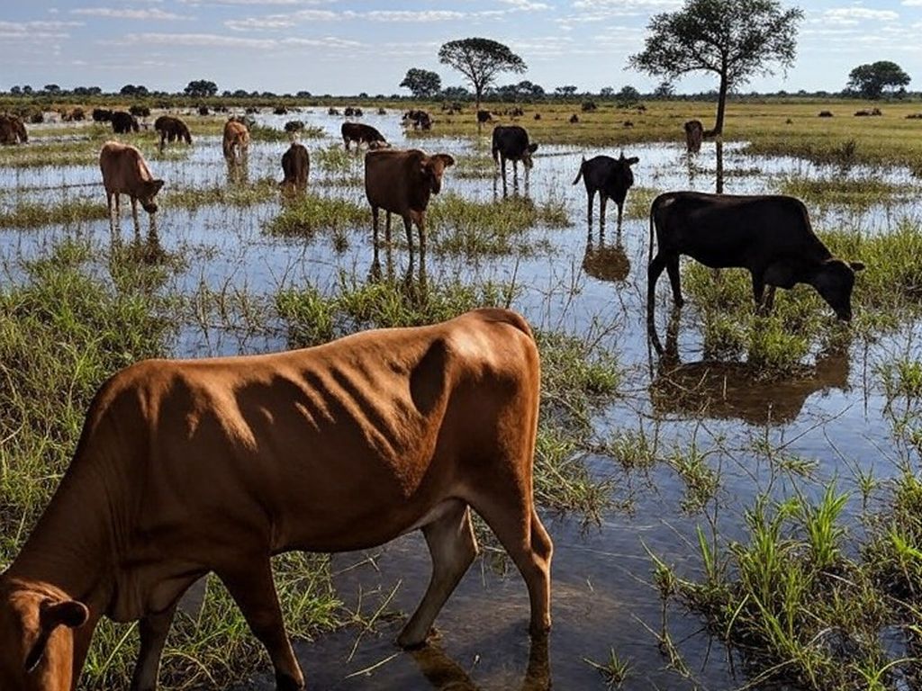 Paisagem do Pantanal com rebanho de gado orgânico pastando, ilustrando crescimento de 12% no abate com incentivos de R$ 24 milhões.
