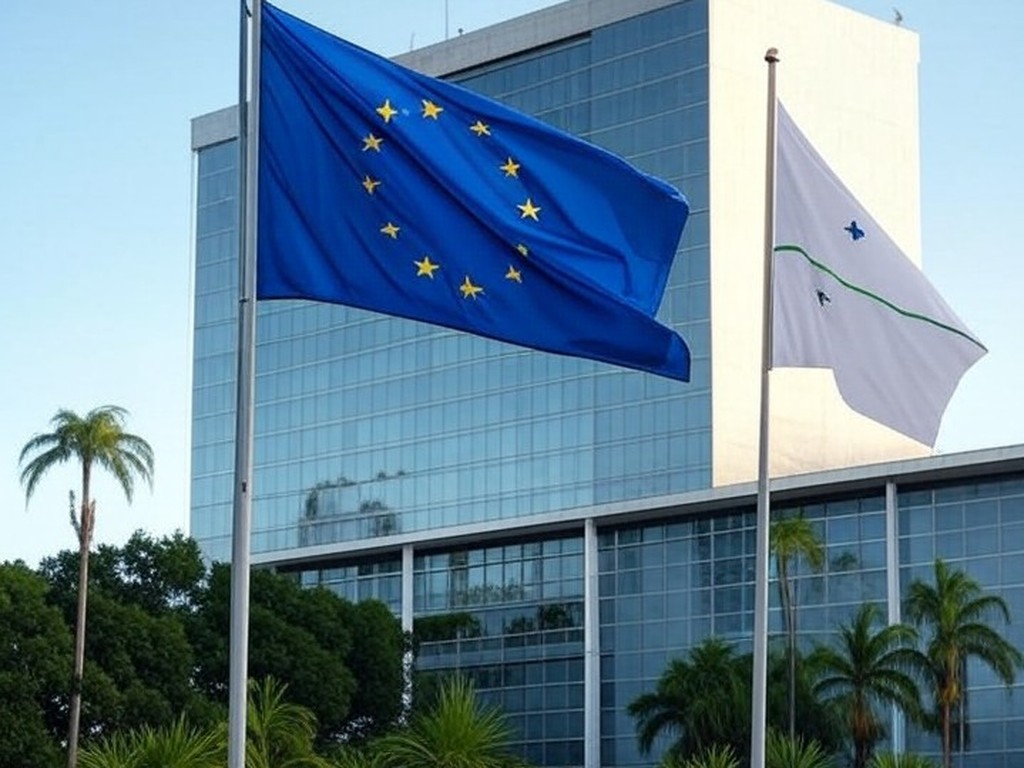 Bandeiras da UE e Mercosul em edifício governamental brasileiro, representando acordo comercial e rebote a críticas europeias.