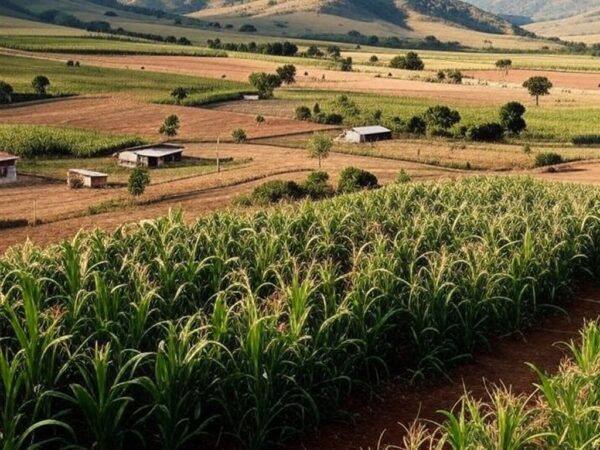 Paisagem rural no Nordeste com campos de cultivo, representando crédito rural via Pronaf do Banco do Nordeste.
