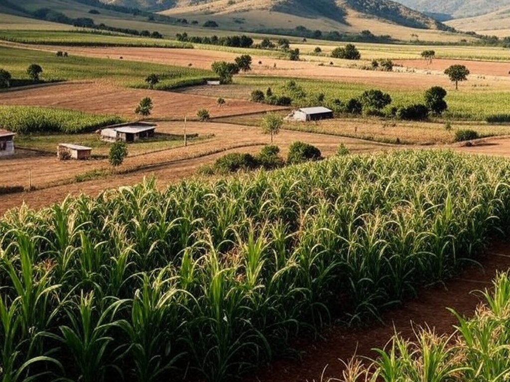 Paisagem rural no Nordeste com campos de cultivo, representando crédito rural via Pronaf do Banco do Nordeste.