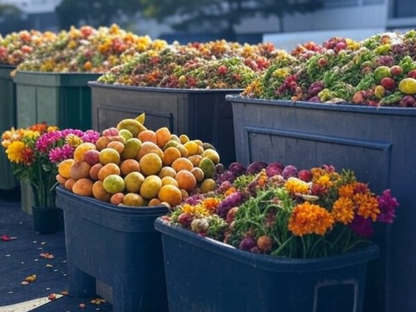 Ponto de coleta do Projeto Composta São Paulo com resíduos orgânicos e mudas de flores em ambiente urbano.