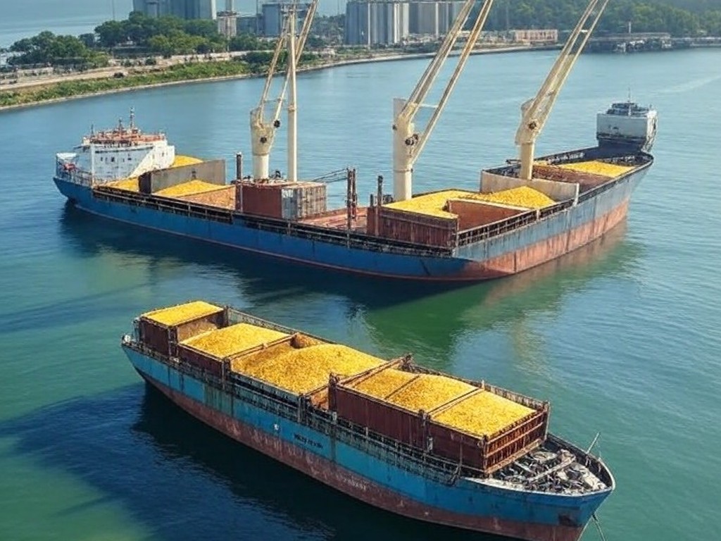 Navio cargueiro carregando DDGS de milho em porto brasileiro para exportação à China.