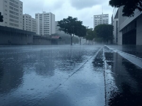 Rua urbana no Sudeste do Brasil durante chuva intensa, com nuvens escuras e poças d'água.