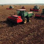 Plantação de soja no Brasil com máquinas agrícolas em operação, ilustrando reversão de prejuízos para lucro na agricultura.