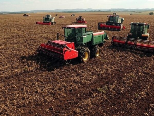 Plantação de soja no Brasil com máquinas agrícolas em operação, ilustrando reversão de prejuízos para lucro na agricultura.