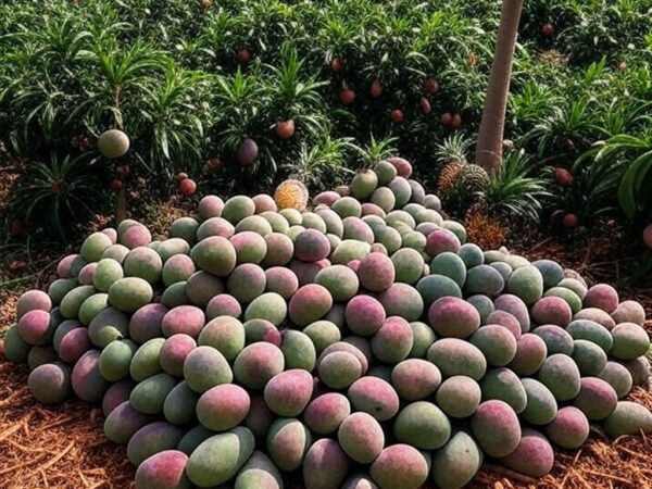 Plantação de frutas tropicais no Brasil, com caixas prontas para exportação, simbolizando negócios na Fruit Logistica.