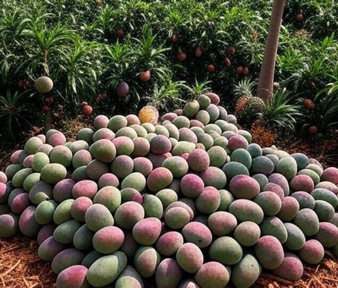 Plantação de frutas tropicais no Brasil, com caixas prontas para exportação, simbolizando negócios na Fruit Logistica.
