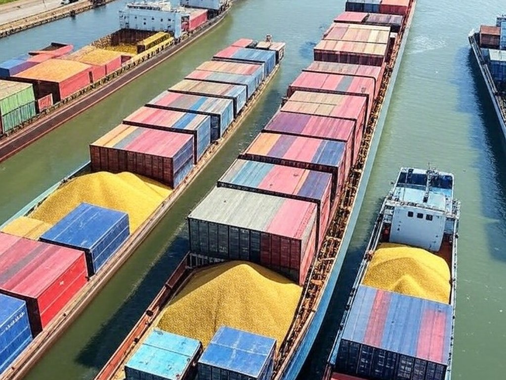 Porto brasileiro com navios exportando grãos agrícolas, campos de cultivo ao fundo, representando crescimento do agro nas exportações.