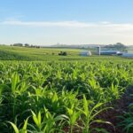 Lavoura sustentável no Brasil com bioinsumos na agricultura, destacando campos verdejantes e práticas ecológicas.