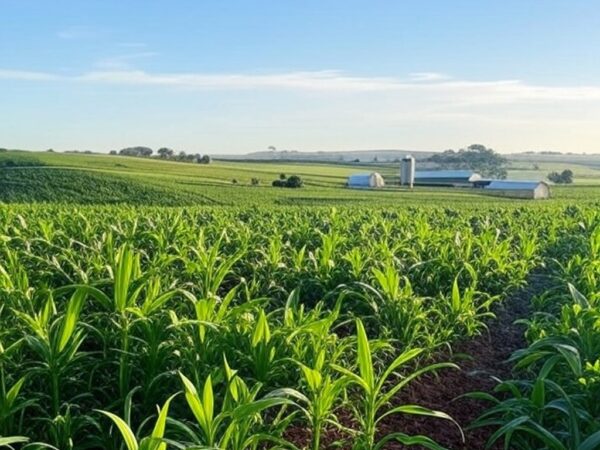Lavoura sustentável no Brasil com bioinsumos na agricultura, destacando campos verdejantes e práticas ecológicas.