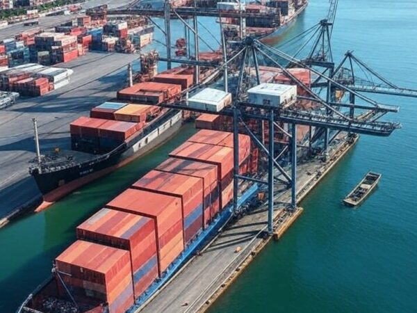 Porto brasileiro com contêineres de exportação de frango, recorde histórico em janeiro de 2026.