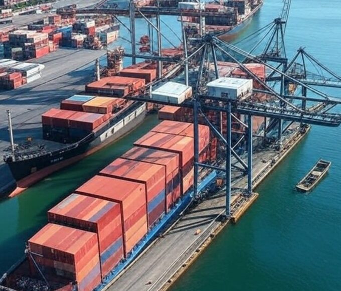 Porto brasileiro com contêineres de exportação de frango, recorde histórico em janeiro de 2026.