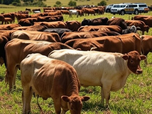 Rebanho de bovinos recuperados pela polícia em campo no RS, com viaturas ao fundo, ilustrando desmantelamento de esquema de roubo e fraude.