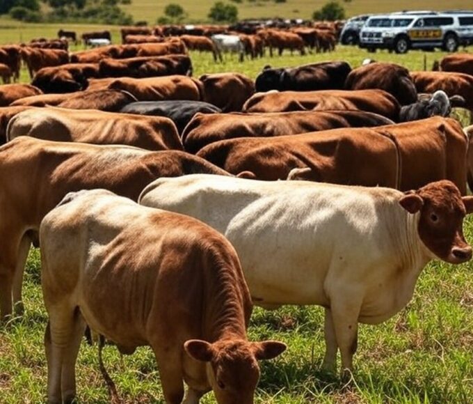 Rebanho de bovinos recuperados pela polícia em campo no RS, com viaturas ao fundo, ilustrando desmantelamento de esquema de roubo e fraude.